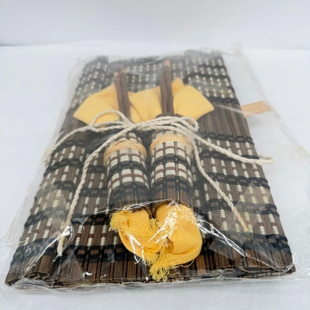 Bamboo Table Runner w/ Woven Yellow‎ Napkins & Chopsticks 2 Person NEW